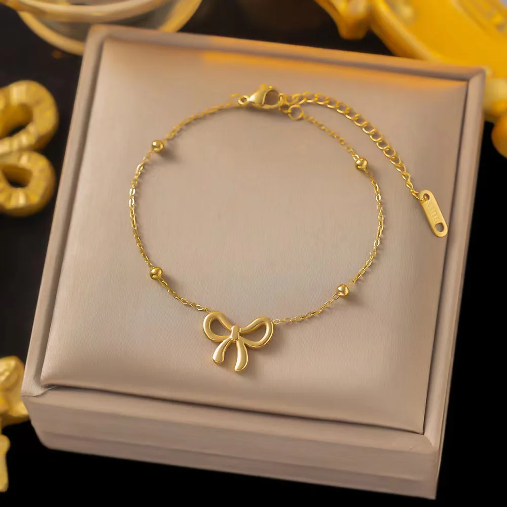 Classic Stainless Steel Bow Charm Necklace Bracelets Earrings For Women Girl New Trendy Choker Jewelry Set Party Gift - Image 3