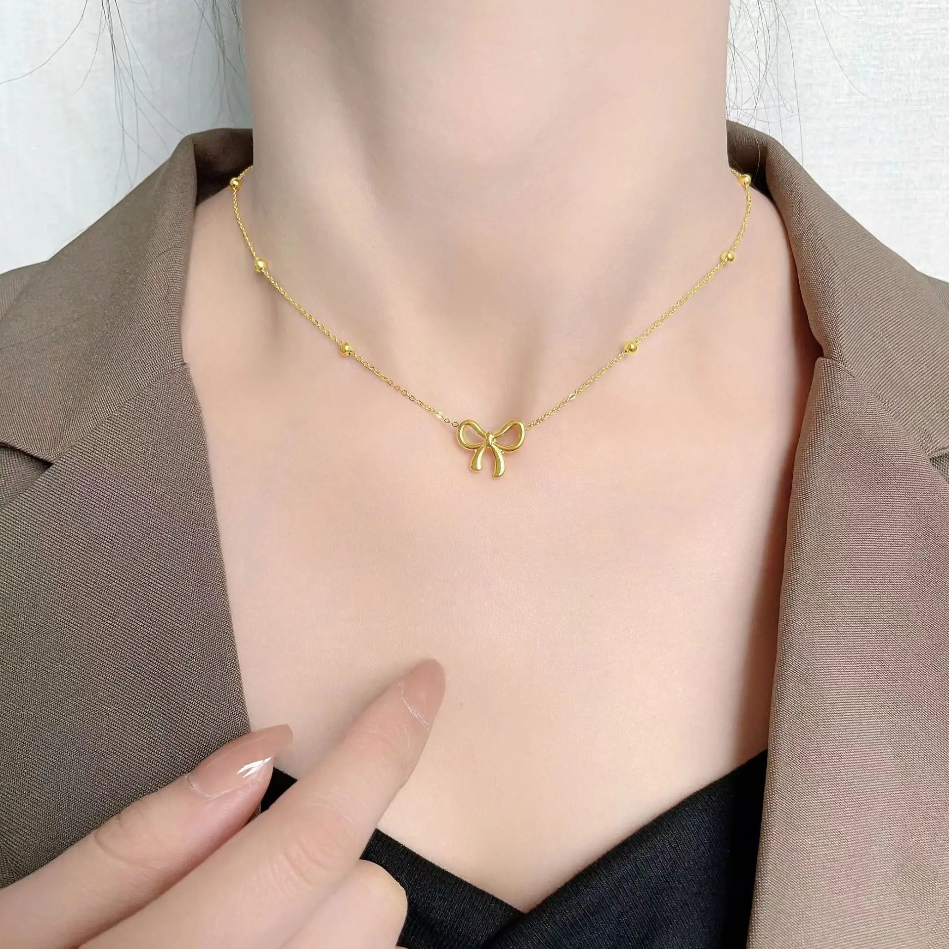 Classic Stainless Steel Bow Charm Necklace Bracelets Earrings For Women Girl New Trendy Choker Jewelry Set Party Gift - Image 4