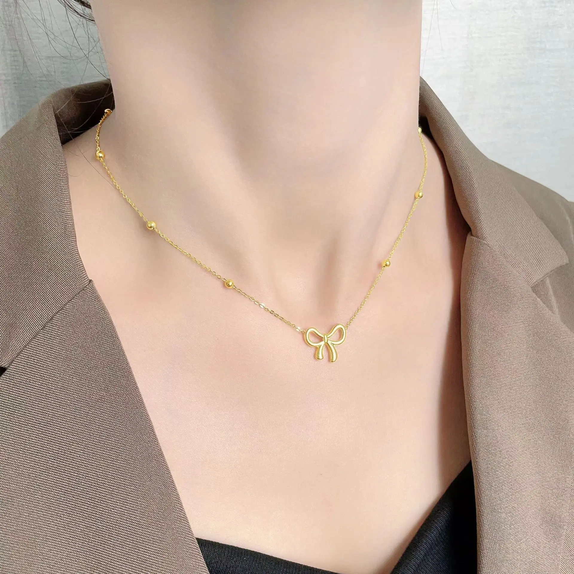 Classic Stainless Steel Bow Charm Necklace Bracelets Earrings For Women Girl New Trendy Choker Jewelry Set Party Gift - Image 5
