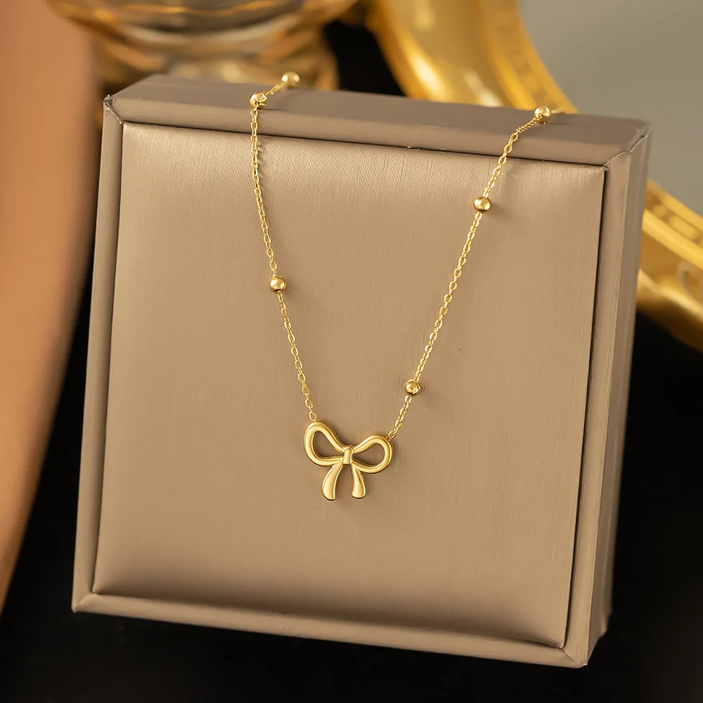 Classic Stainless Steel Bow Charm Necklace Bracelets Earrings For Women Girl New Trendy Choker Jewelry Set Party Gift