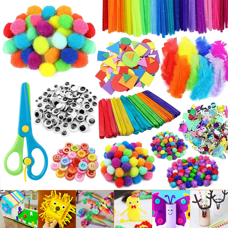 Colorful Craft Kit for Kids DIY Toys Puzzle Handicraft Toys Variety Craft Supplies Set Twisting Rod Plush Ball Button TMZ
