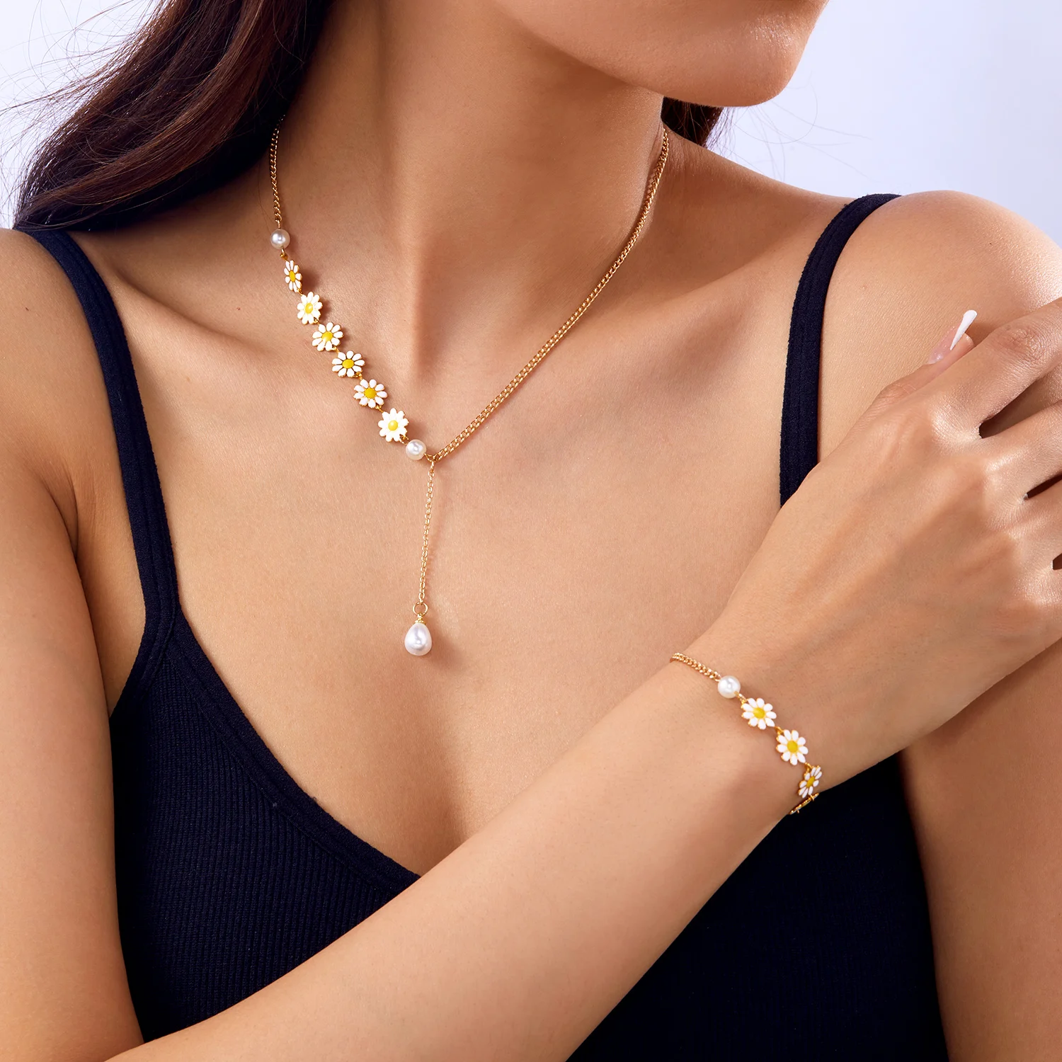 Colorful Daisy Flower Bracelet Necklace For Women Korean Sweet Clavicle Chain Choker Jewelry Set Girls Wedding Party Gift - Image 2