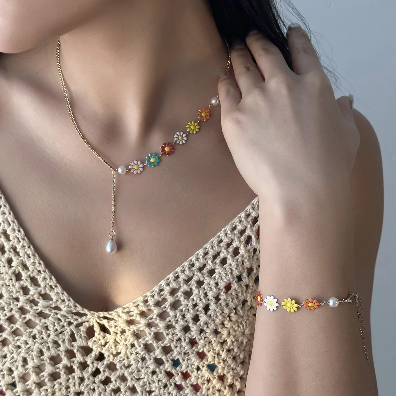 Colorful Daisy Flower Bracelet Necklace For Women Korean Sweet Clavicle Chain Choker Jewelry Set Girls Wedding Party Gift - Image 4