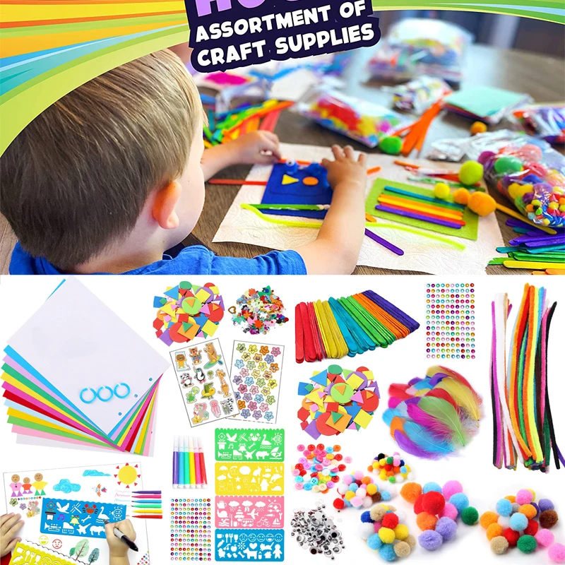 Colorful Pipe Cleaners Craft Kit Popsicle Plush Sticks Pompoms Stickers DIY Arts Supplies Children Kids Montessori Education Toy - Image 2