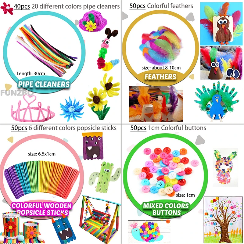 Colorful Pipe Cleaners Craft Kit Popsicle Plush Sticks Pompoms Stickers DIY Arts Supplies Children Kids Montessori Education Toy - Image 3