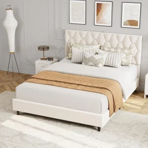 Contemporary Platform Bed Frame – Upholstered Adjustable Headboard, Heavy Duty Metal & Wood Slat Support, Noise-Free, Underbed Storage, Easy Assembly, No Box Spring