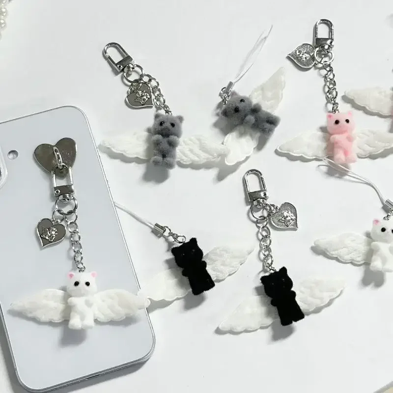 Cute Angel Wings Fuzzy Kitty Cat Heart Keychain Flocked Kitten Kawaii Phone Chain Anti-Lost Lanyard Pendant Bag Decor Gift - Image 2
