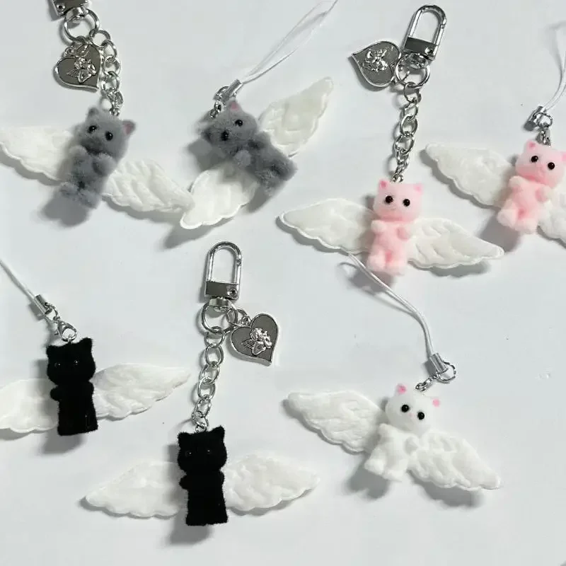 Cute Angel Wings Fuzzy Kitty Cat Heart Keychain Flocked Kitten Kawaii Phone Chain Anti-Lost Lanyard Pendant Bag Decor Gift - Image 4