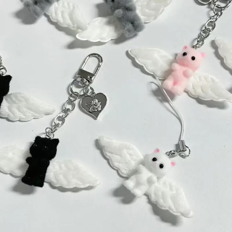 Cute Angel Wings Fuzzy Kitty Cat Heart Keychain Flocked Kitten Kawaii Phone Chain Anti-Lost Lanyard Pendant Bag Decor Gift - Image 3