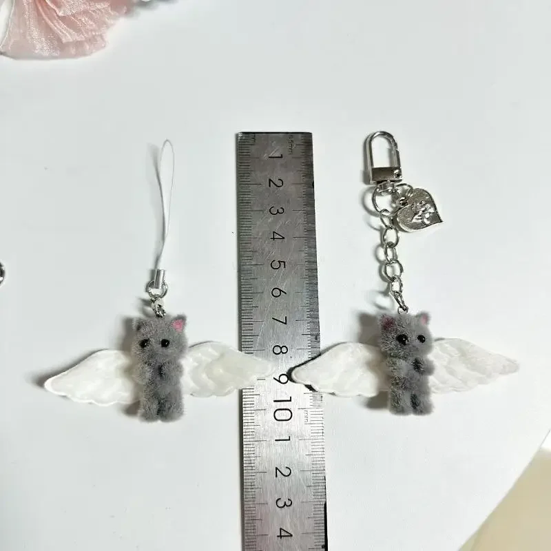 Cute Angel Wings Fuzzy Kitty Cat Heart Keychain Flocked Kitten Kawaii Phone Chain Anti-Lost Lanyard Pendant Bag Decor Gift - Image 5
