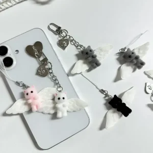 Cute Angel Wings Fuzzy Kitty Cat Heart Keychain Flocked Kitten Kawaii Phone Chain Anti-Lost Lanyard Pendant Bag Decor Gift
