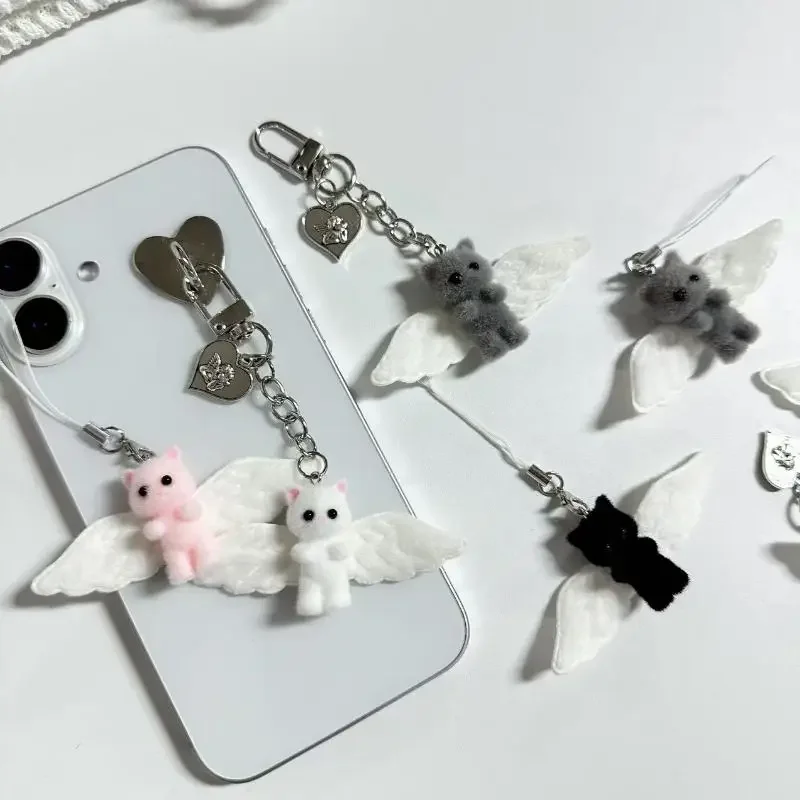 Cute Angel Wings Fuzzy Kitty Cat Heart Keychain Flocked Kitten Kawaii Phone Chain Anti-Lost Lanyard Pendant Bag Decor Gift