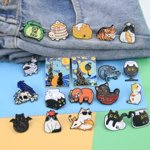Cute Animal Enamel Pin Set, Assorted Cartoon Cat Tiger Frog & Sloth Brooches, Colorful Metal Badges for Jackets, Bags & Hats