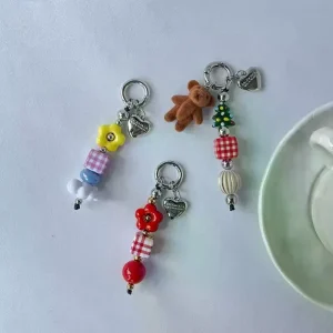 Cute Cartoon Flower Phone Pendant Keychain For Women Y2K Colorful Beaded Ornament Bag Charm Accessories Fashion Jewelry Gift