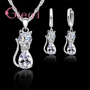 Cute Cat Jewelry Sets Necklace Earrings With Austrian Crystal For Women Fast Shipping Retail Romantic Engagement Silver