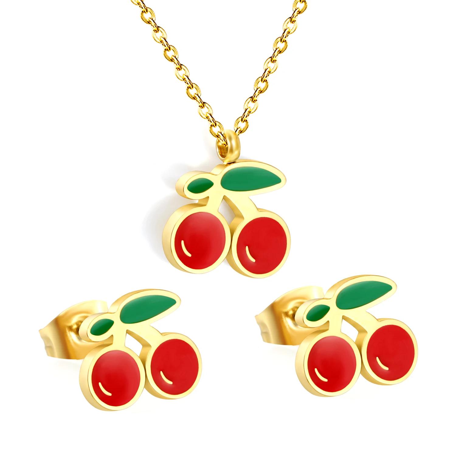 Cute Cherry Red Dripping Oil Earring Necklace Set For Women Girl Stainless Steel Metal Crystal Fruit Jewelry Set No Fade Gifts - Image 2