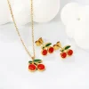 Cute Cherry Red Dripping Oil Earring Necklace Set For Women Girl Stainless Steel Metal Crystal Fruit Jewelry Set No Fade Gifts