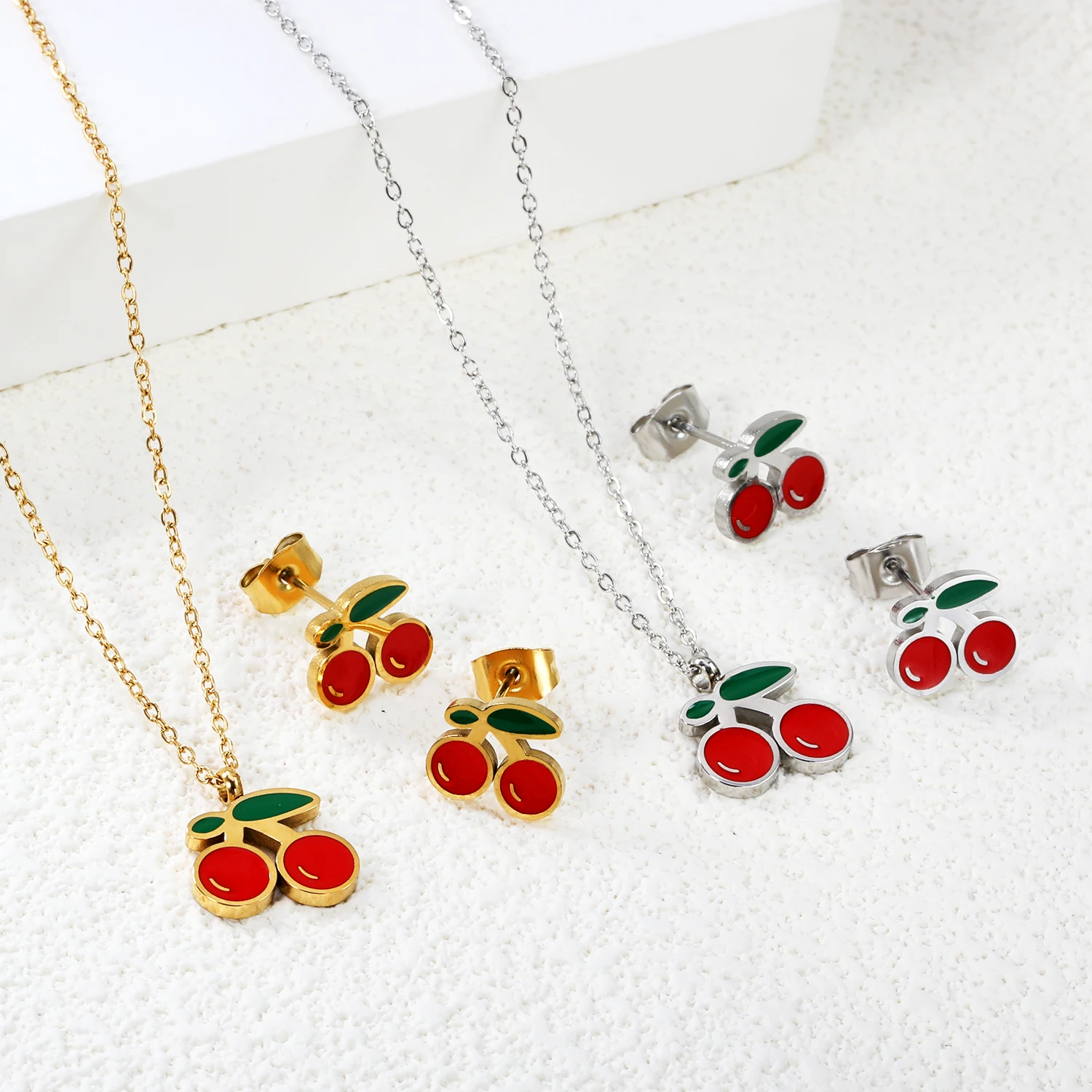 Cute Cherry Red Dripping Oil Earring Necklace Set For Women Girl Stainless Steel Metal Crystal Fruit Jewelry Set No Fade Gifts - Image 6