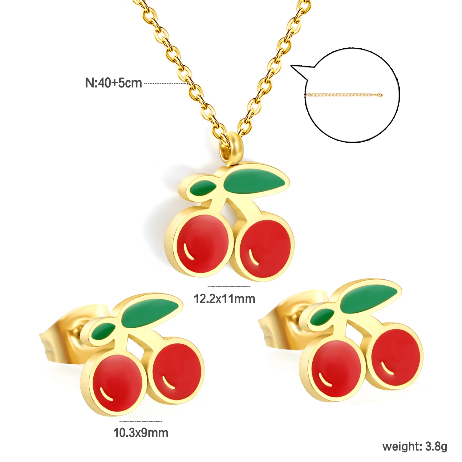 Cute Cherry Red Dripping Oil Earring Necklace Set For Women Girl Stainless Steel Metal Crystal Fruit Jewelry Set No Fade Gifts - Image 3