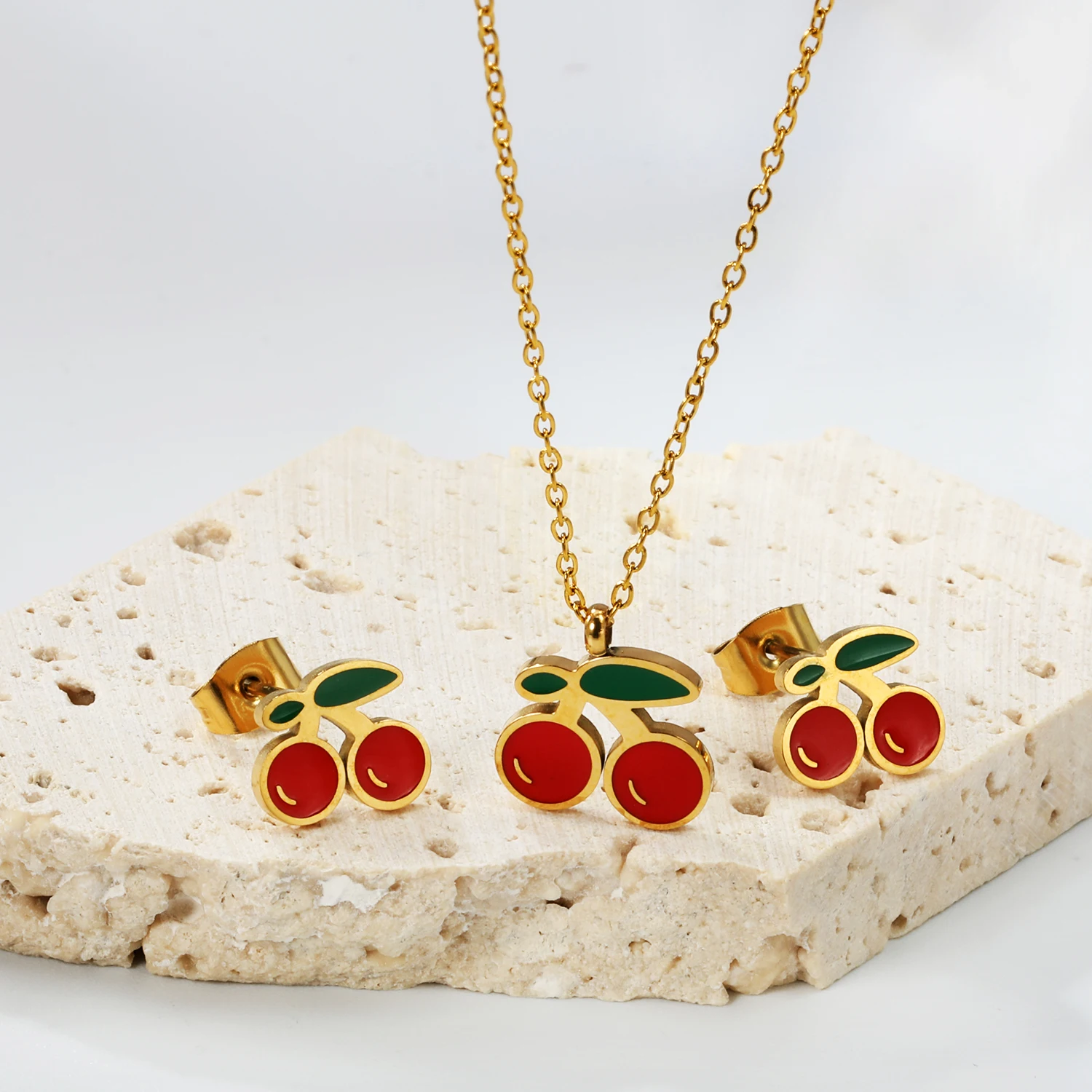 Cute Cherry Red Dripping Oil Earring Necklace Set For Women Girl Stainless Steel Metal Crystal Fruit Jewelry Set No Fade Gifts - Image 4