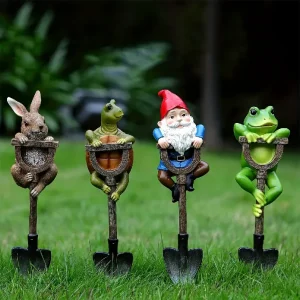 Cute Garden Gnome Frog Rabbit Turtle Statue Set, Resin Animal Figurines with Shovel for Outdoor Patio Yard Lawn Decor