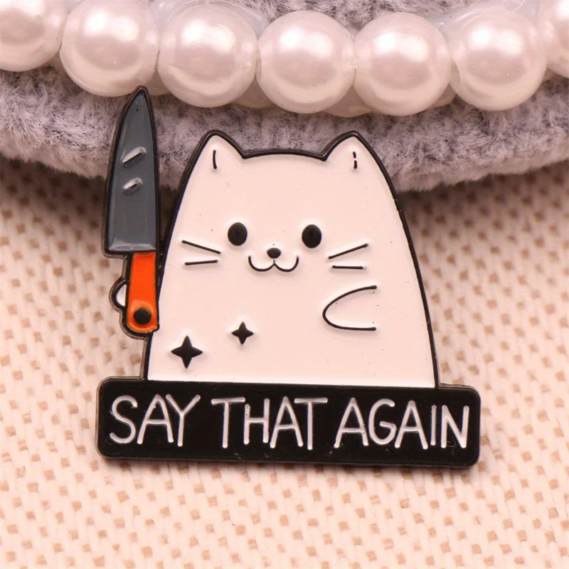 Cute Knife Wielding Kitten Brooch Unique Badge Accessory Gift - Image 2