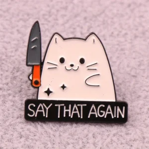 Cute Knife Wielding Kitten Brooch Unique Badge Accessory Gift