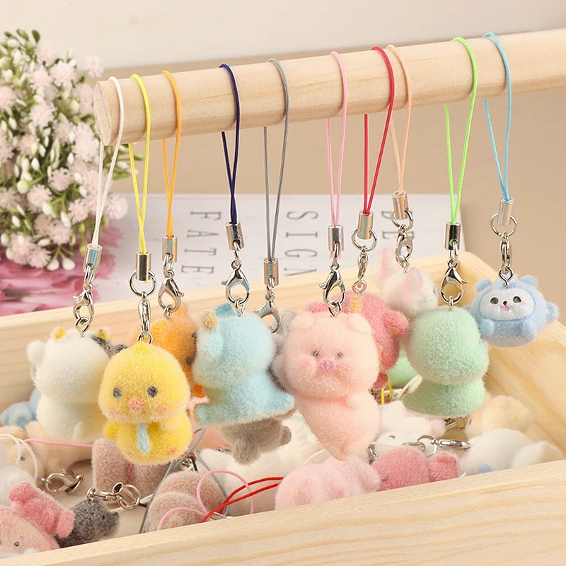 Cute Plush 3D Cat Keychain Creative Flocking Animal Pendant Bag Phone Lanyard Hanging Keycord Charm Keychain DIY Accessories