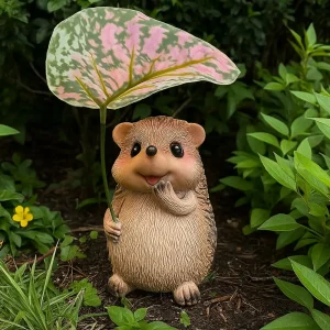Cute Resin Leaf Umbrella Hedgehog Figurine Garden Hedgehog Statue Resin Animal Sculpture Outdoor Garden Decor Ornament