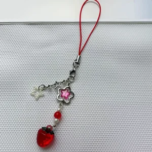 Cute Strawberry Phone Charm Lanyard Phone Chain Beaded Keychain Bag Purse Pendant For Women Girls