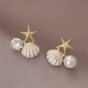 Cute Sweet Metal Shell Starfish Earrings Women Summer Bohemian Beach Trip Style Fashion Birthday Party Jewelry Gift