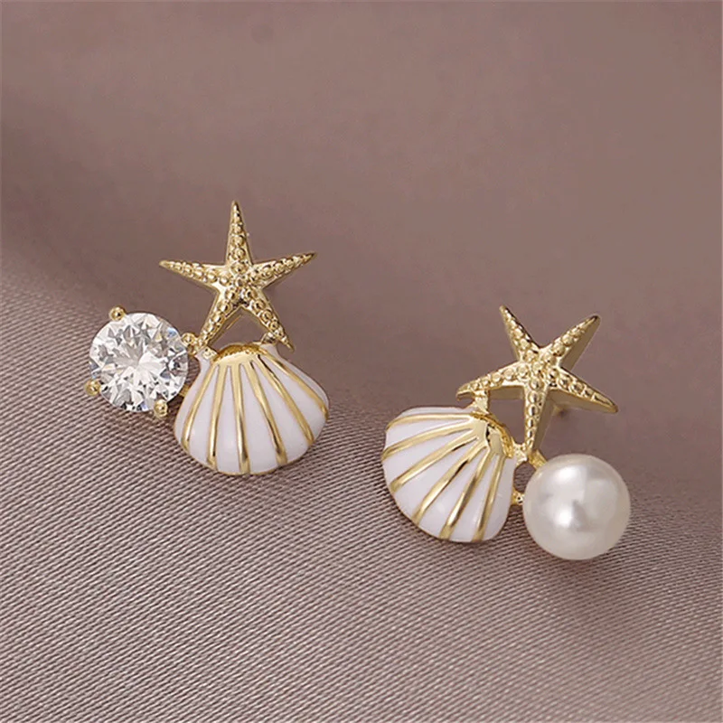 Cute Sweet Metal Shell Starfish Earrings Women Summer Bohemian Beach Trip Style Fashion Birthday Party Jewelry Gift