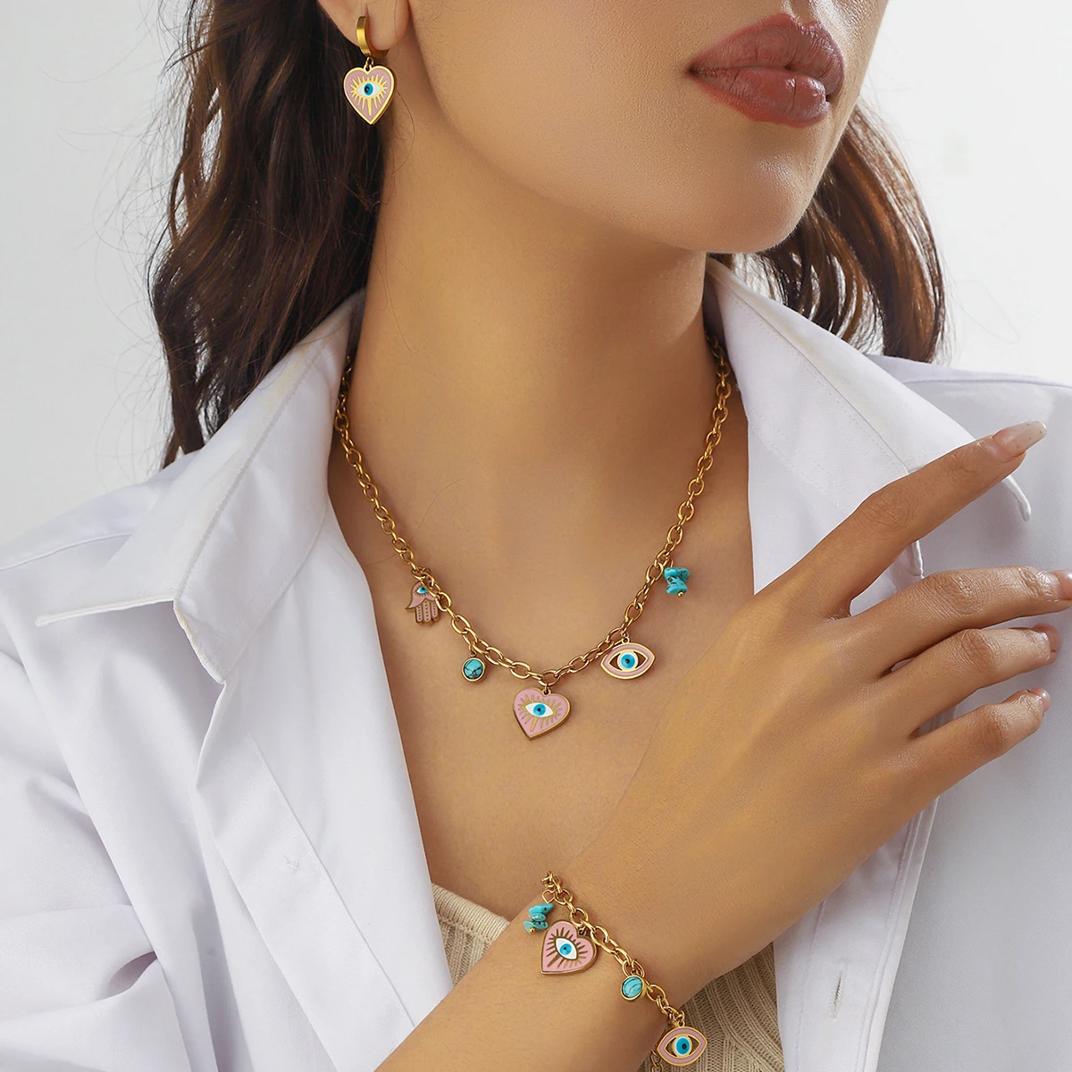 DIEYURO 316L Stainless Steel Devil's Eye Heart Palm Turquoise Necklace Earrings Bracelet Set For Womens New Fashion Jewelry Gift - Image 5