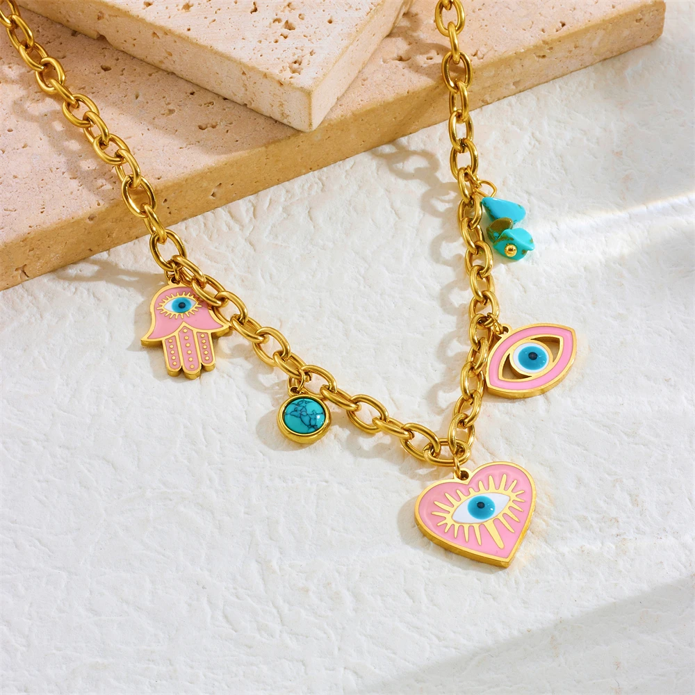 DIEYURO 316L Stainless Steel Devil's Eye Heart Palm Turquoise Necklace Earrings Bracelet Set For Womens New Fashion Jewelry Gift - Image 6