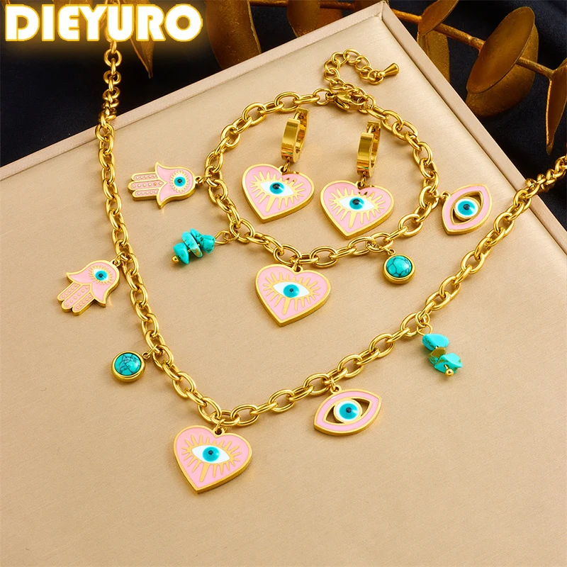 DIEYURO 316L Stainless Steel Devil's Eye Heart Palm Turquoise Necklace Earrings Bracelet Set For Womens New Fashion Jewelry Gift
