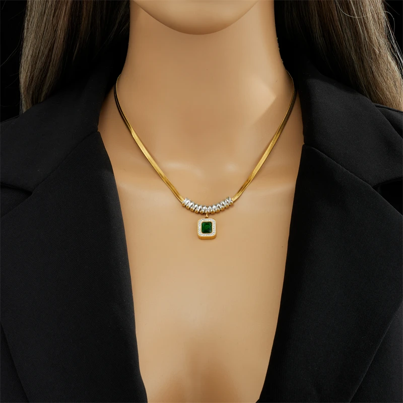 DIEYURO 316L Stainless Steel Luxury Non-fading Square Green Crystal Zircon Pendant Necklace Earrings Jewelry Set For Women Gifts - Image 2