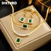 DIEYURO 316L Stainless Steel Luxury Non-fading Square Green Crystal Zircon Pendant Necklace Earrings Jewelry Set For Women Gifts