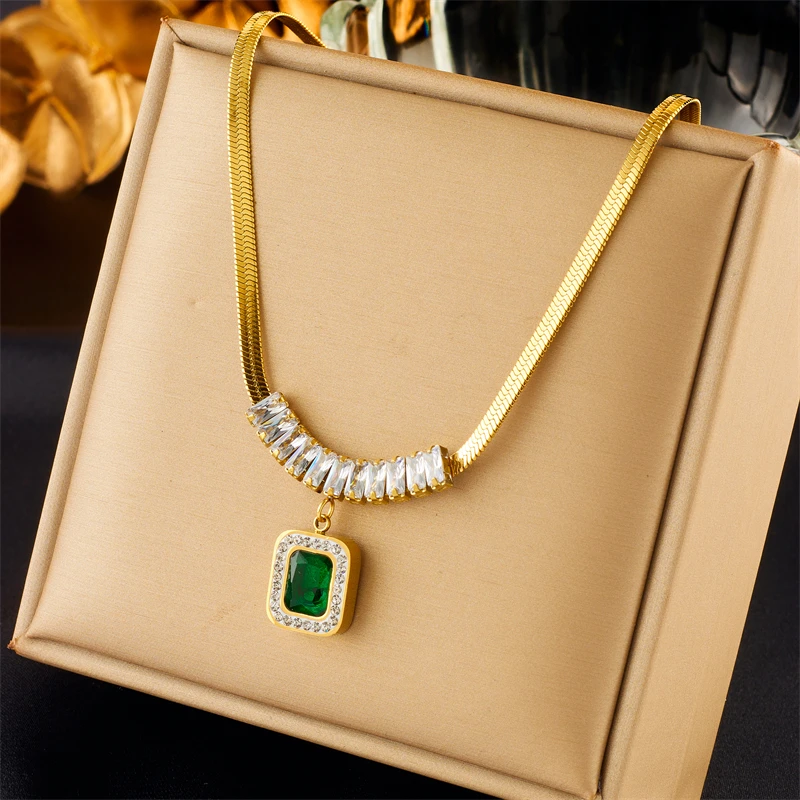 DIEYURO 316L Stainless Steel Luxury Non-fading Square Green Crystal Zircon Pendant Necklace Earrings Jewelry Set For Women Gifts - Image 3