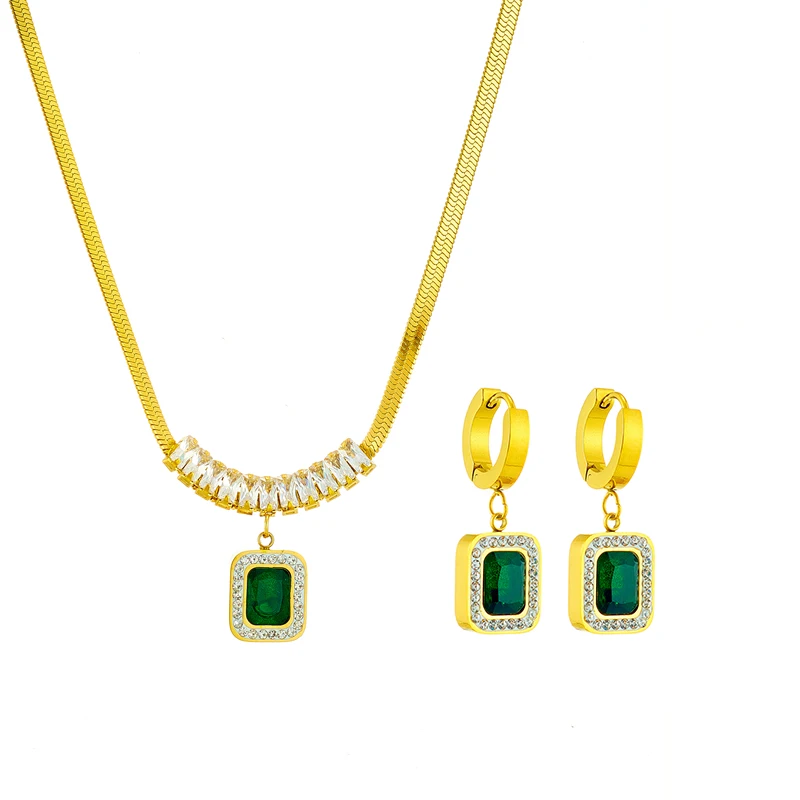 DIEYURO 316L Stainless Steel Luxury Non-fading Square Green Crystal Zircon Pendant Necklace Earrings Jewelry Set For Women Gifts - Image 6
