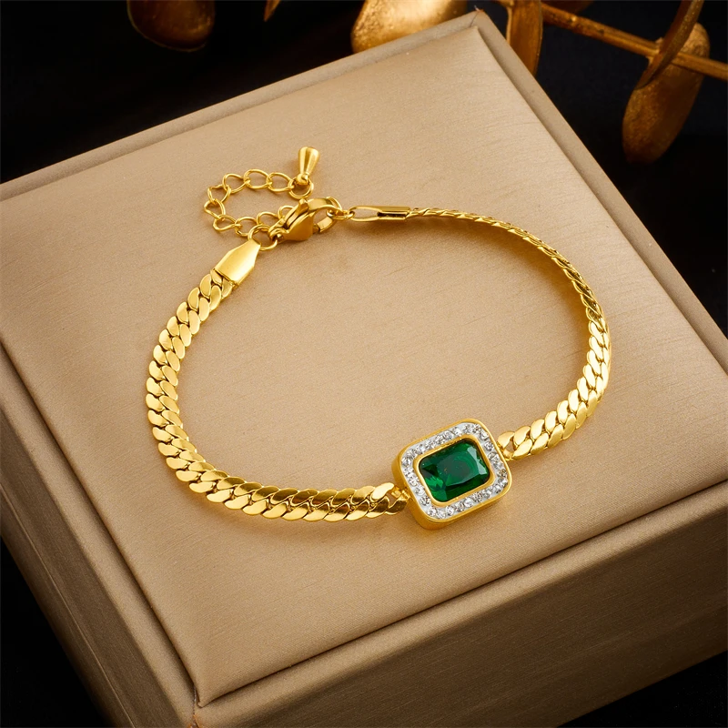 DIEYURO 316L Stainless Steel Luxury Non-fading Square Green Crystal Zircon Pendant Necklace Earrings Jewelry Set For Women Gifts - Image 4