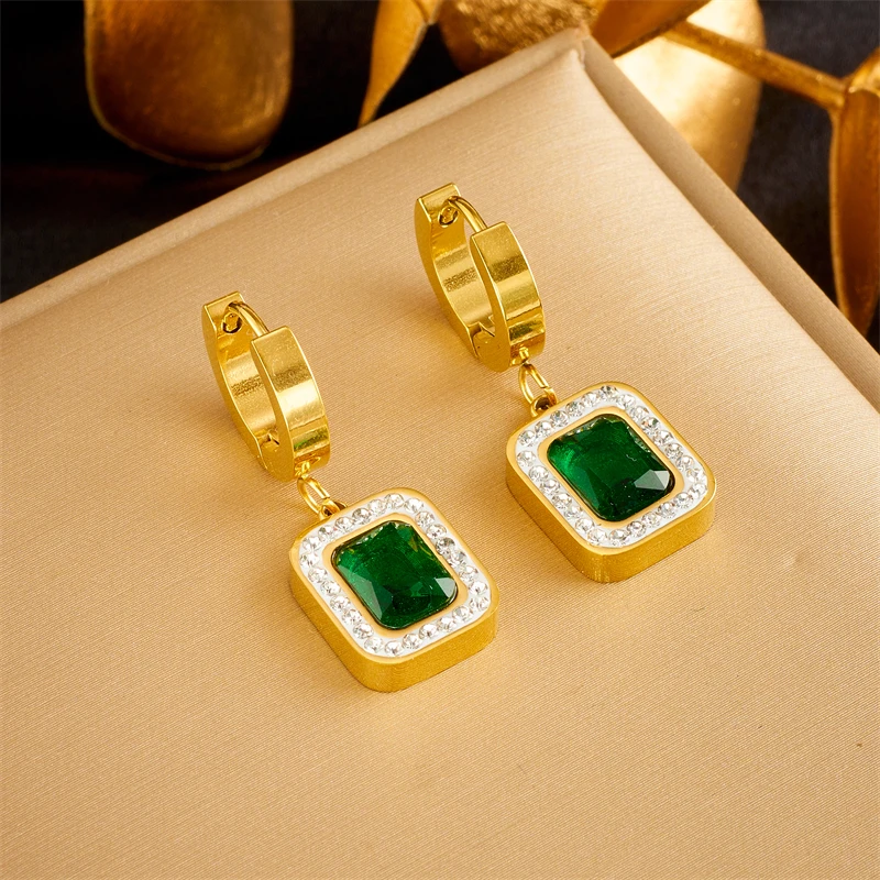 DIEYURO 316L Stainless Steel Luxury Non-fading Square Green Crystal Zircon Pendant Necklace Earrings Jewelry Set For Women Gifts - Image 5