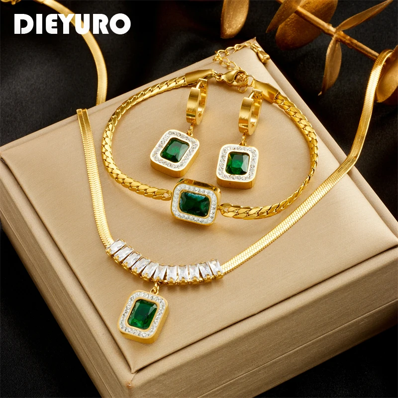DIEYURO 316L Stainless Steel Luxury Non-fading Square Green Crystal Zircon Pendant Necklace Earrings Jewelry Set For Women Gifts