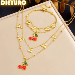 DIEYURO 316L Stainless Steel Red Fruit Cherry Double-layer Necklace Bracelet Set Lady New Fashion Waterproof Jewelry Gift Set