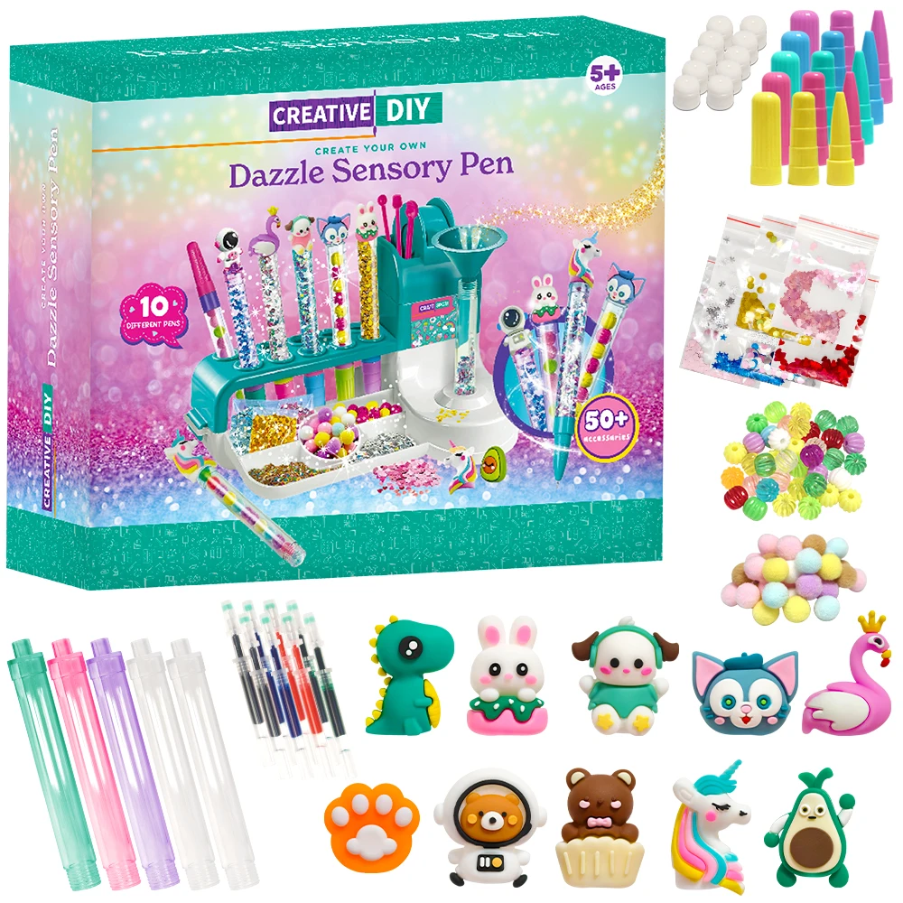 DIY Dazzle Sensory Pen Making Kit - Creative Craft Set for Kids, 50+ Accessories, 10 Unique Pens, Educational Toy Gift for Girls - Image 3
