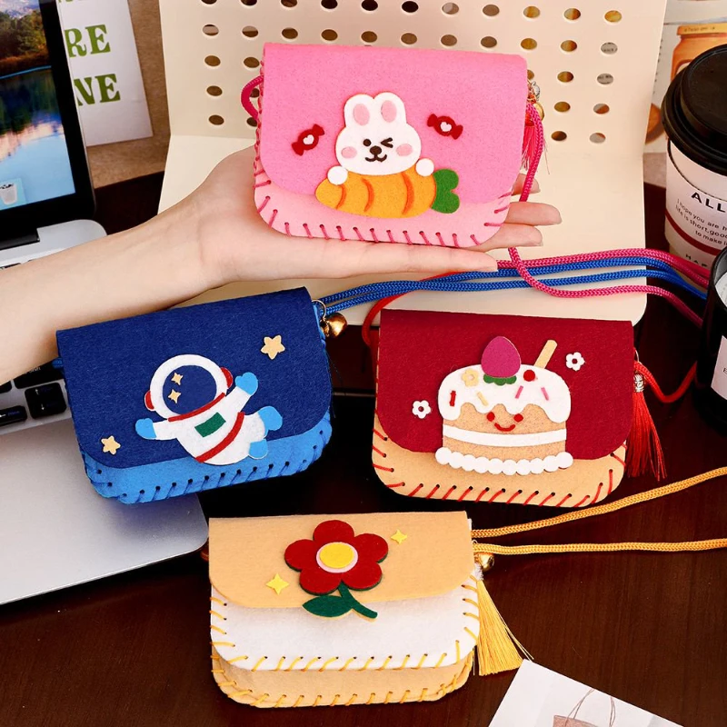 DIY Shoulder Bag Art Craft Kits for Kids Girls Kawaii Rabbit Flower Cake Astronaut Coin Purse Sewing Set Fine Motor Training Toy