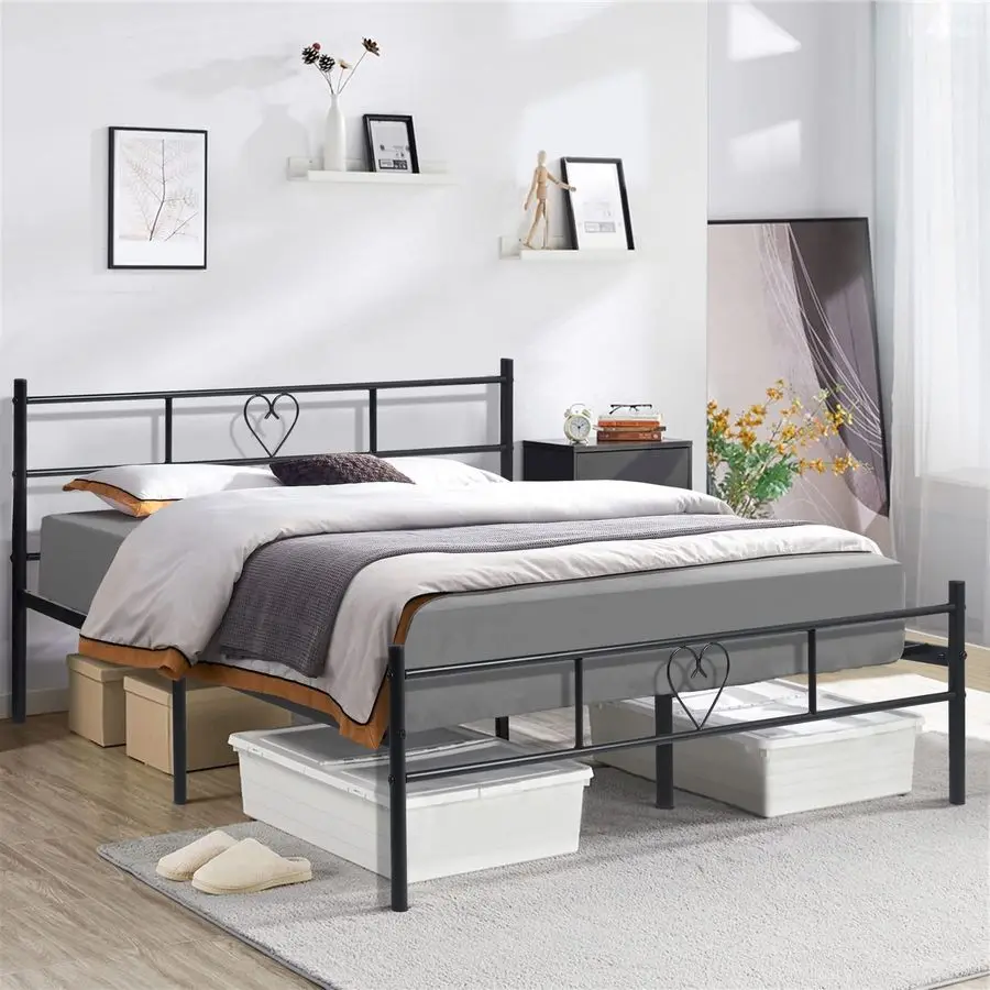 Double Bed 120 x 190 cm Metal Bed Frame Solid Bedstead Base Guest Bed with Headboard in Heart Symbol for Adults Teenagers, Blac - Image 2