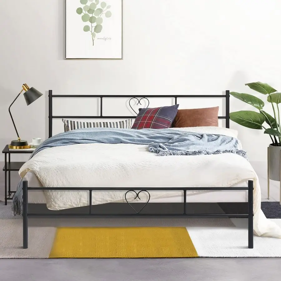 Double Bed 120 x 190 cm Metal Bed Frame Solid Bedstead Base Guest Bed with Headboard in Heart Symbol for Adults Teenagers, Blac - Image 3