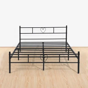 Double Bed 120 x 190 cm Metal Bed Frame Solid Bedstead Base Guest Bed with Headboard in Heart Symbol for Adults Teenagers, Blac