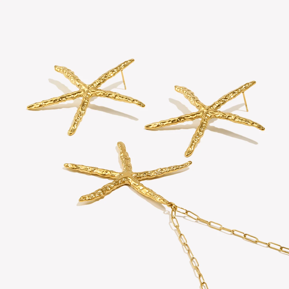 E.B.belle Exaggerated Hammer Pattern Star Necklace Earrrings Summer Hliday Women's Fashion Jewelry Set - Image 5
