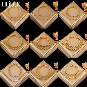 EILIECK 316L Stainless Steel 18k Gold Plated Necklace Bracelet Jewelry Set Charm Fashion Collar for Women Jewelry Lady Gift
